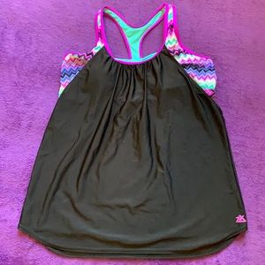 Black tank with sewn in multi colored sports bra.